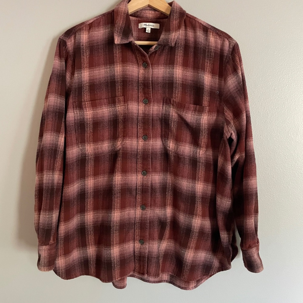 Madewell Flannel Button Down Womens Large Burgundy Pink Plaid Shirt Casual